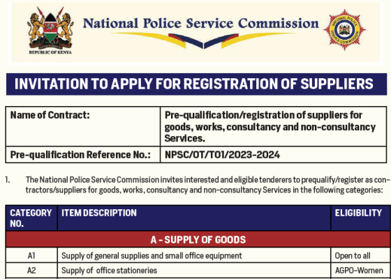 INVITATION TO APPLY FOR REGISTRATION OF SUPPLIERS